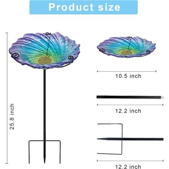 Glass Bird Bath for Outside Blue Birdbath Bowl & Birdfeeder with Metal Stake - Picture 3 of 7